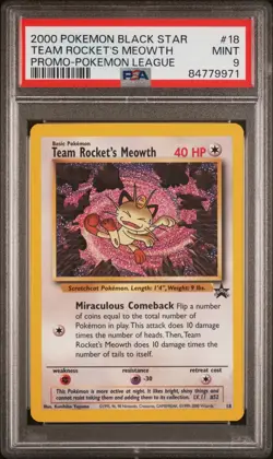 2000 POKEMON PROMO BLACK STAR POKEMON LEAGUE #18 TEAM ROCKET'S MEOWTH PSA 9 - Image 1
