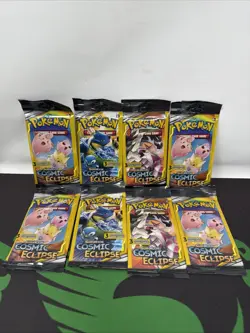 Pokemon Sun & Moon Cosmic Eclipse 3 Card Mini Booster Pack Lot Of 8 Sealed - Image 1