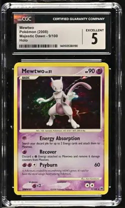 *POP 3* CGC 5 Mewtwo LV.51 Holo Majestic Dawn 9/100 Pokemon 2008 SWIRL - Image 1