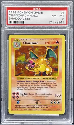 Pokemon PSA 8 NM-MINT Charizard Shadowless Base Set 1999 Holo Card 4/102 - Image 1
