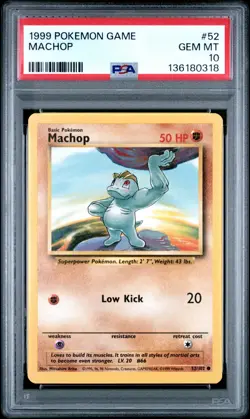1999 POKEMON GAME BASE SET UNLIMITED #52 MACHOP PSA 10 GEM MINT - Image 1