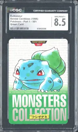 1996 Pokemon Vintage Bandai Carddass Part 1 #001 Green Card Bulbasaur CGC 8.5 - Image 1