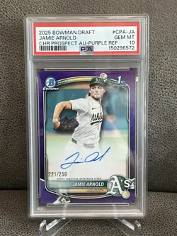 🔥Jamie Arnold 2025 Bowman Draft 1st #CPA-JA Purple Auto /250 Oakland A’s PSA 10 - Image 1