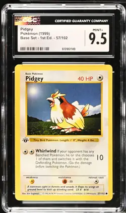 CGC 9.5 MINT+ Pidgey 57/102 1st Edition Shadowless Base Set Pokemon Card - Image 1