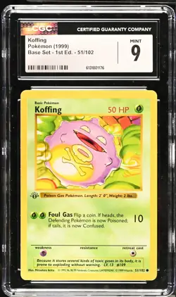 CGC 9 MINT Koffing 51/102 1st Edition Shadowless Base Set Pokemon Card - Image 1