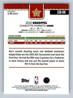 Kon Knueppel Ssp Back Variation SSB-KK 2025-26 Topps Holiday SSP NM Sports Card - Image 2
