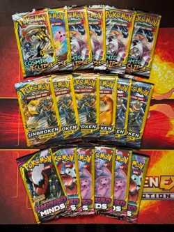 Pokemon Cosmic Eclipse Unified Minds Unbroken Bonds (18) 3 Card Mini Booster Lot - Image 1