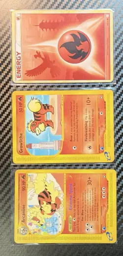 Pokemon Cards 3x Lot•Aquapolis Arcanine + Growlithe, Fire Energy HGSS MP-HP READ - Image 1