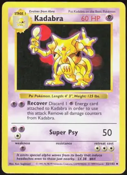 Kadabra 32/102 Uncommon Base Set Shadowless Pokemon Unlimited Moderately Played - Image 1