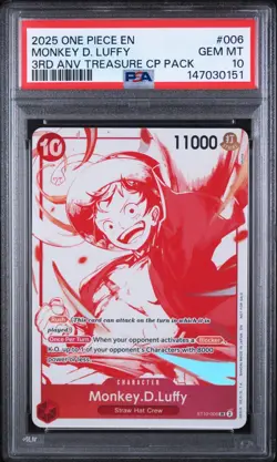 2025 ONE PIECE 3RD ANNIVERSARY TREASURE CAMPAIGN PACK 006 MONKEY D. LUFFY PSA 10 - Image 1