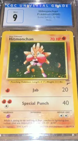 CGC 9 Hitmonchan 008/130 Base Set 2 2000 Holo Rare English Pokemon - Image 1