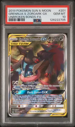 2019 POKEMON SUN & MOON UNBROKEN BONDS FULL ART/GRENINJA & ZOROARK GX PSA 10 - Image 1