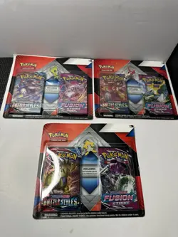 3x Pokemon Battle Style + Fusion Strike Double Blister 2 Booster Pack w/ Pins - Image 1