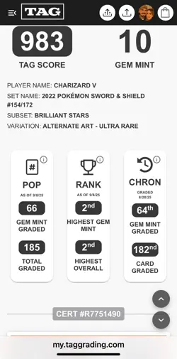 ‼CHARIZARD V 2022 POKEMON BRILLIANT STARS #154 TAG GRADE 10~983PT SCORE~2nd💨 - Image 5