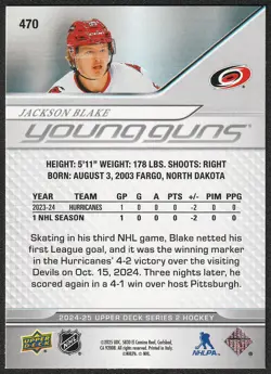 2024-25 Upper Deck Series 2 Young Guns JACKSON BLAKE #470 Rookie - Image 3