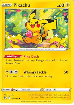 Pikachu 052/196 Common Lost Origin Pokemon Near Mint - Image 1