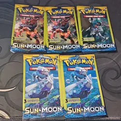 Pokemon TCG Sun & Moon 3-Card Booster Pack Lot 5 Packs English - Image 1