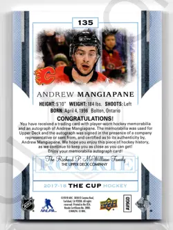2017-18 Upper Deck The Cup Andrew Mangiapane Rookie Auto Patch Gold #'d/24 - Image 2