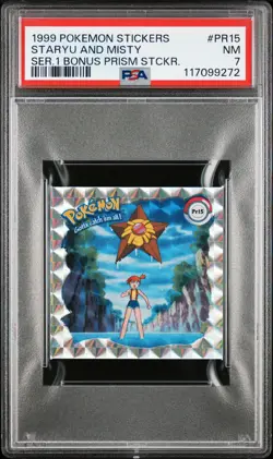 1999 POKEMON STICKERS SER 1 BONUS PRISM STICKERS #PR15 STARYU AND MISTY PSA 7 - Image 1