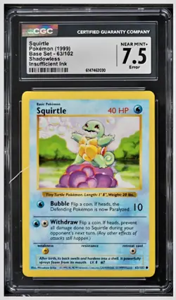 1999 😺 CGC 7.5 Squirtle Shadowless Error 63/102 Insufficient Ink Pokemon - Image 1