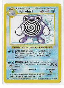 Poliwhirl 38/102 Unlimited Base Set Shadowless WOTC Vintage Pokemon TCG Card LP - Image 1