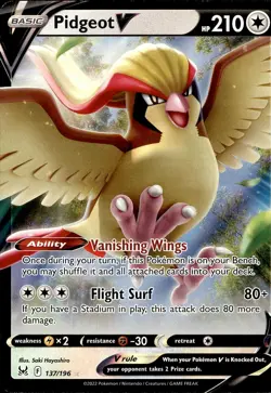 POKEMON PIDGEOT V 137 LOST ORIGIN 196 HOLO V RARE LP - Image 1