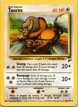 Tauros 62/130 Uncommon Base Set 2 Pokemon Lightly Played - Image 1