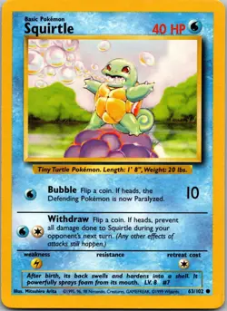 Squirtle 63/102 Common Base Set Unlimited Pokemon Near Mint - Image 1