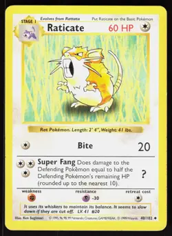 Raticate 40/102 Uncommon Base Set Shadowless Pokemon Unlimited MP 01-01-134 - Image 1