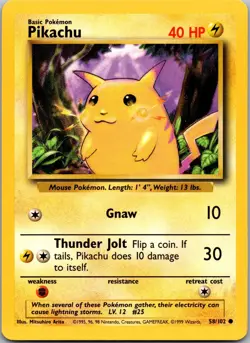 Pikachu 58/102 Common Base Set Unlimited Pokemon Near Mint - Image 1