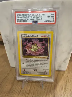 2000 POKEMON PROMO BLACK STAR POKEMON LEAGUE #18 TEAM ROCKET'S MEOWTH PSA 8 - Image 1