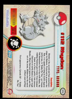 Pokemon Card - Topps TV Animation Edition Rhydon 112 Foil Blue Logo - Image 2