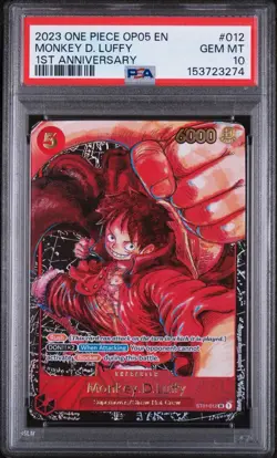 2023 One Piece OP05 Monkey D. Luffy 1st Anniversary Alt Art Card ST01-012 PSA 10 - Image 1