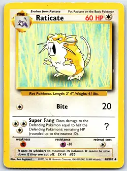 Raticate 40/102 Uncommon Base Set Unlimited Pokemon DMG Sugimori - Image 1
