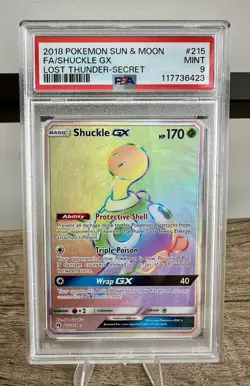 2018 Pokemon Sun & Moon Lost Thunder #215/214 Shuckle GX Secret Rare PSA Mint 9 - Image 1