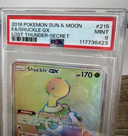 2018 Pokemon Sun & Moon Lost Thunder #215/214 Shuckle GX Secret Rare PSA Mint 9 - Image 2