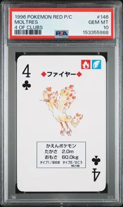 PSA 10 MOLTRES 4 OF CLUBS 1996 POKEMON POKER PLAYING CARDS RED CHARIZARD - Image 1