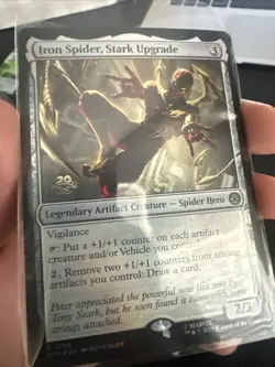 MTG SPM Iron Spider Stark Upgrade Prerelease Foil Spider-Man 166 Rare NM - Image 1