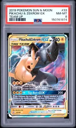 Pikachu & Zekrom GX Full Art Ultra Rare Holo 2019 Pokemon Team Up #33/181 PSA 8 - Image 1