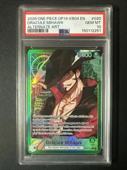 One Piece The Azure Sea’s Seven - Dracule Mihawk OP14-020 Leader Alt Art PSA 10 - Image 1