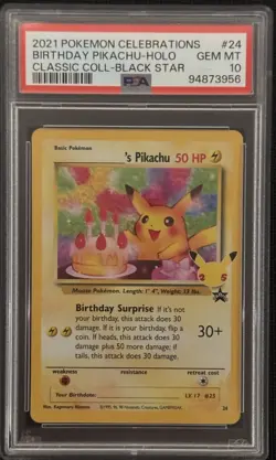 PSA 10 GEM MINT Birthday Pikachu #24 Celebrations Classic Collection Pokemon TCG - Image 1