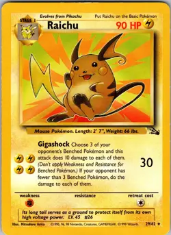 Raichu 29/62 Rare Fossil Pokemon Unlimited Moderately Played - Image 1