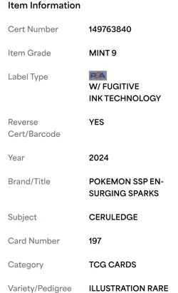 2024 CERULEDGE Pokemon Surging Sparks Illustration Rare EN #197 PSA 9 MINT - Image 5