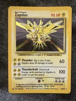 Pokemon TCG Zapdos 16/102 Base Set Holo Unlimited Rare LP/MP Clean Front - Image 1