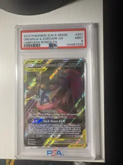 Pokemon TCG Unbroken Bonds Greninja & Zoroark GX 201/214 Full Art Holo PSA 9 - Image 1