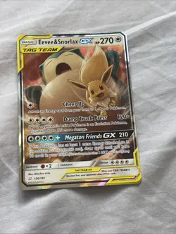 Pokemon Eevee Snorlax GX TCG 120/181 Sun and Moon Team Up Tag Team Card Mid Play - Image 1