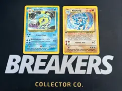 1999 Base Set Vintage Pokemon 2 Card Lot: Holo 1st Edition Machamp & Gyarados - Image 1