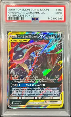 Pokemon Sun & Moon Unbroken Bonds Greninja & Zoroark GX Tag Team 107/214 PSA 9 - Image 1