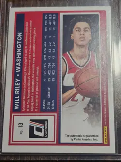 2025-26 Panini Donruss Will Riley RC #13 Blue Foil Auto #d 20/25 Wizards Rookie - Image 2