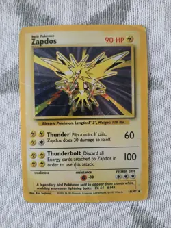 Pokemon TCG Zapdos Base Set 16/102 Holo Unlimited Holo Rare PLAYED MP - Image 1